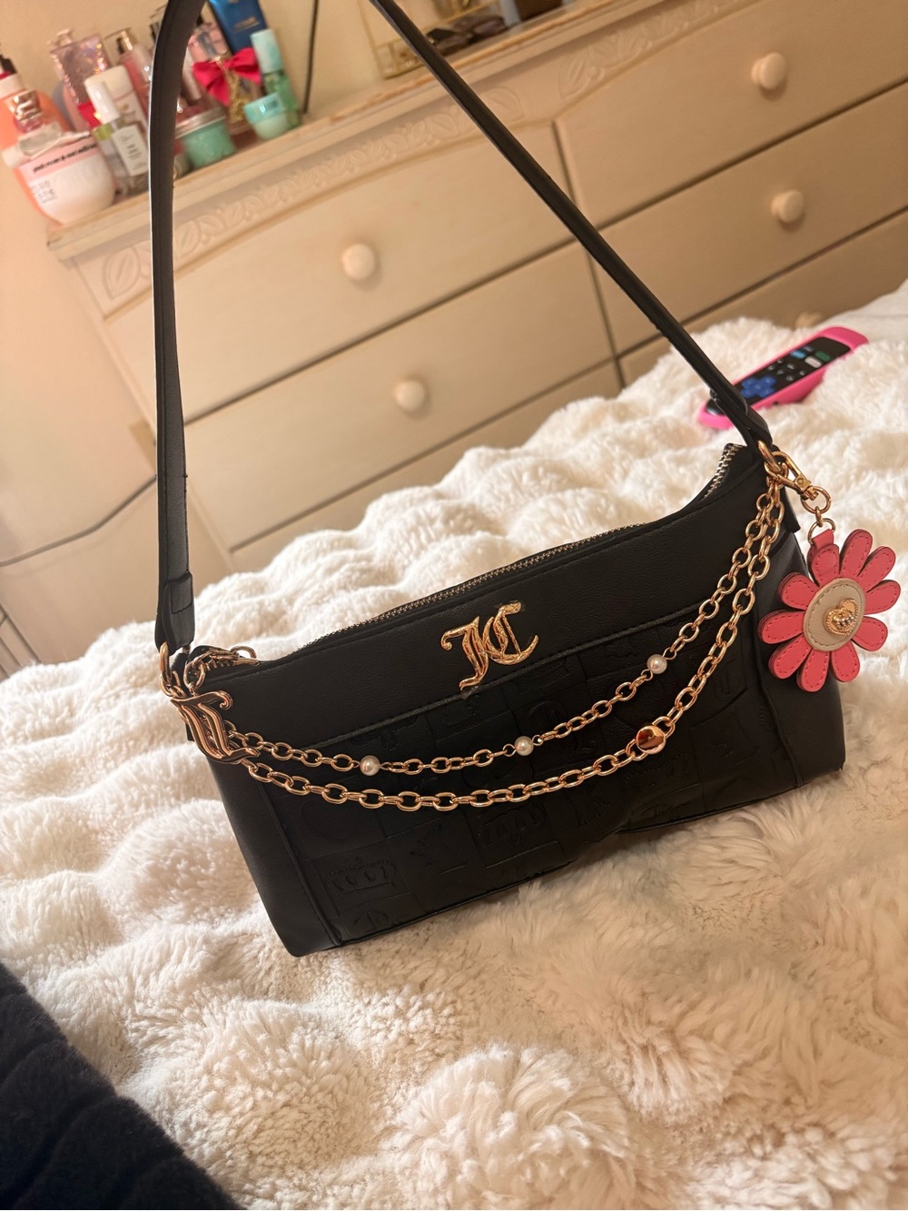 Juicy Couture Black Shoulder Bag with Gold Chains and Pink Flower Charm